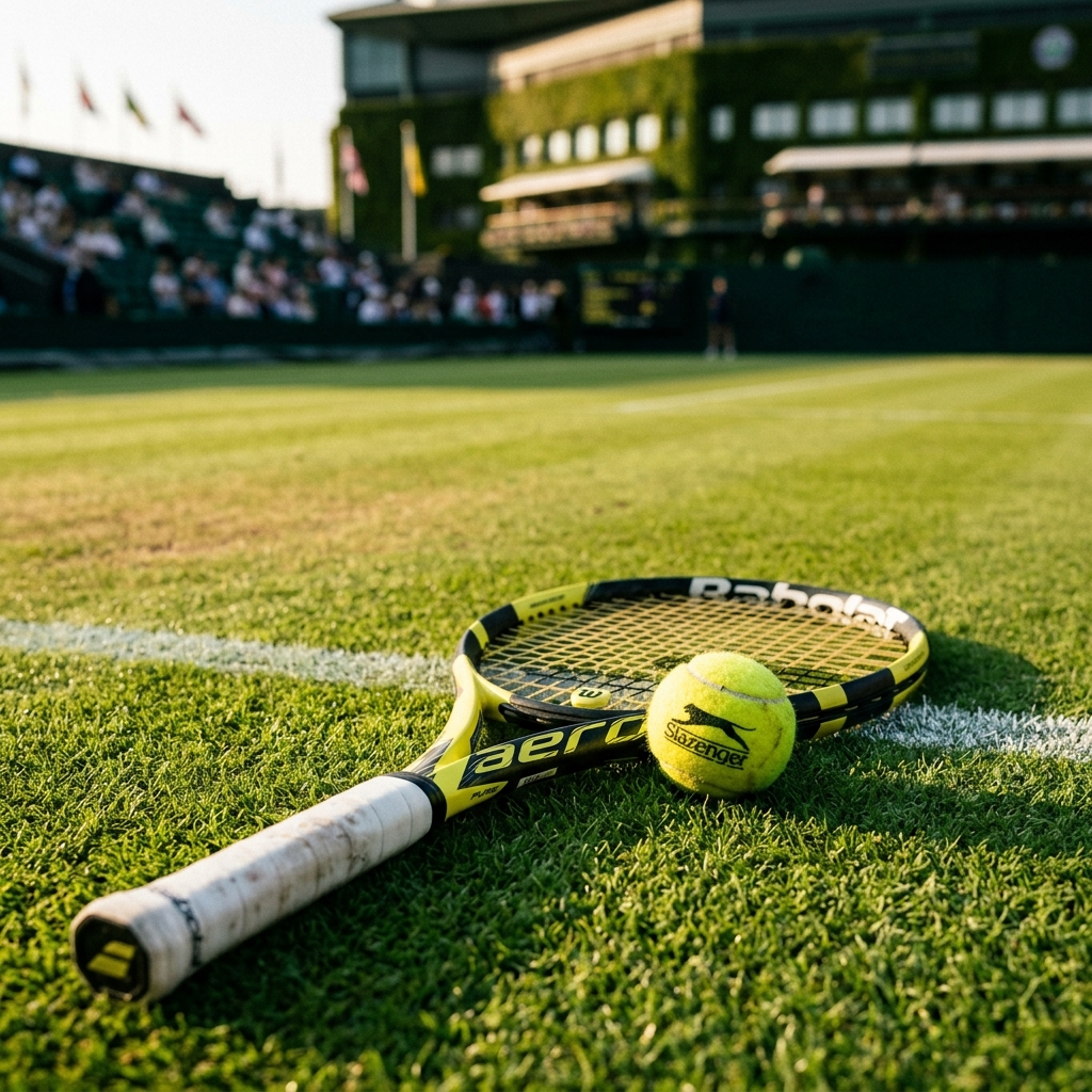 Tennis racket on grass court
